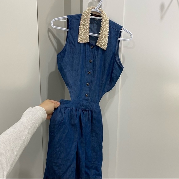💙 Urban Outfitters Jean Dress with Pearled Collar​​​​​ - Picture 2 of 5
